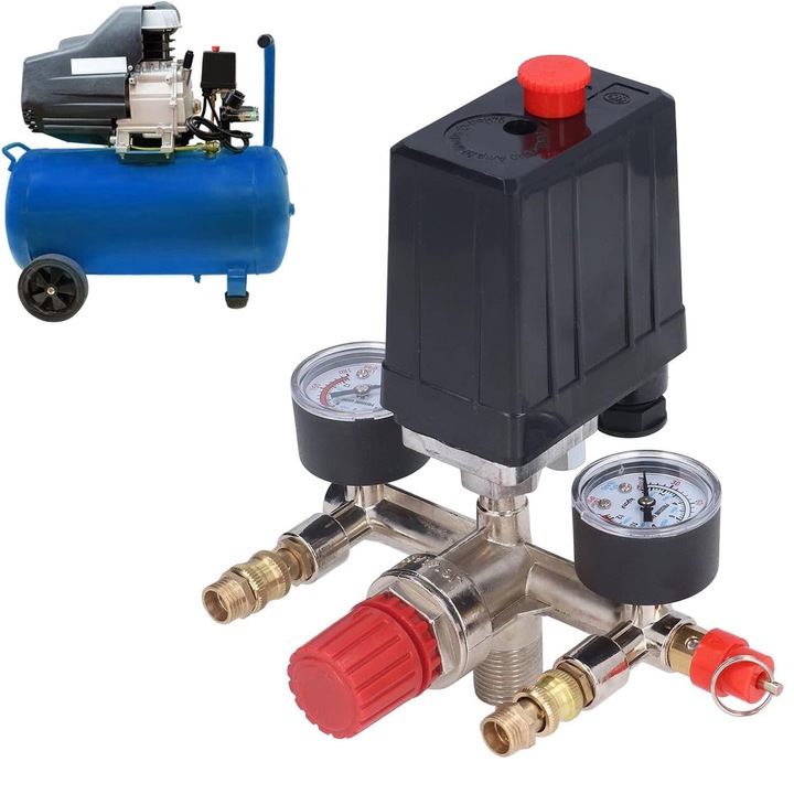 Presostat compresor, 220V, Usor de instalat, Design rotativ, 8 bar presiune maxima, Supapa de siguranta, 20A, Aliaj aluminiu/Plastic/Alama