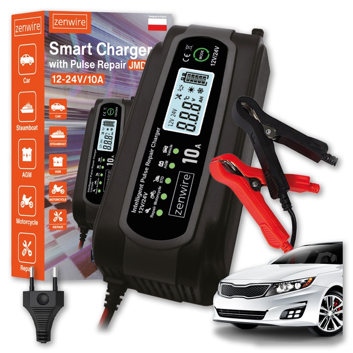 Incarcator baterii Zenwire® JMD-10, 12V/24V, 10A, functie reparare acumulator, afisaj LCD, mod vara/iarna, control microprocesor, protectii inteligente, 190×82×52 mm