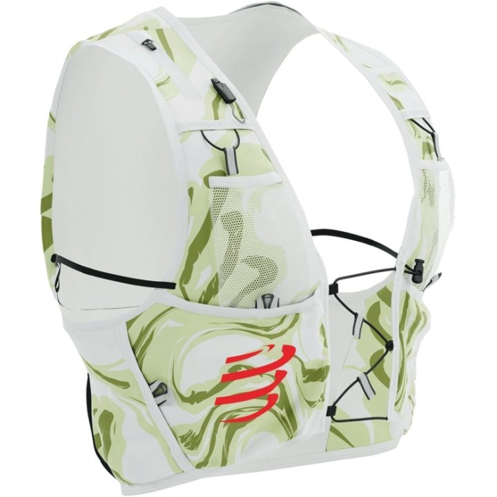 Rucsac de alergare + 2 bidoane moi 500 ml, COMPRESSPORT, ULTRUN S PACK EVO 10, Alb/Verde, L
