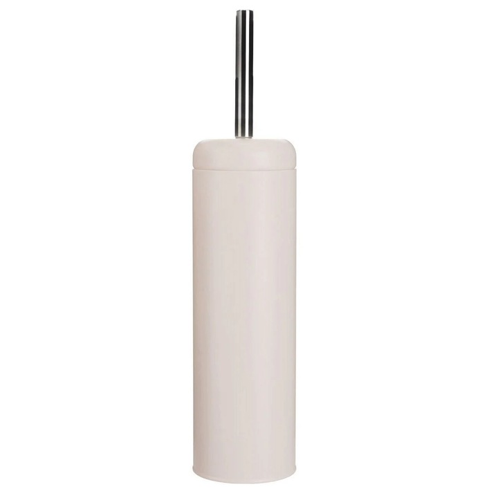 Perie toaleta cu suport metalic Crem Mat, 9.5x41 cm, manere argintiu si perie alba