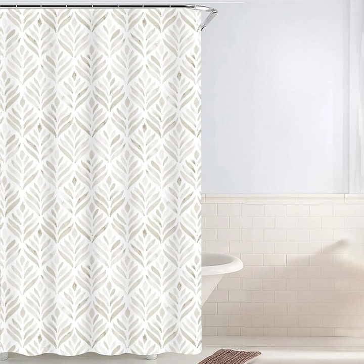 Perdea dus din poliester texturat, Alb Off-White cu motive botanice Gri, 180x180 cm, 12 inele incluse