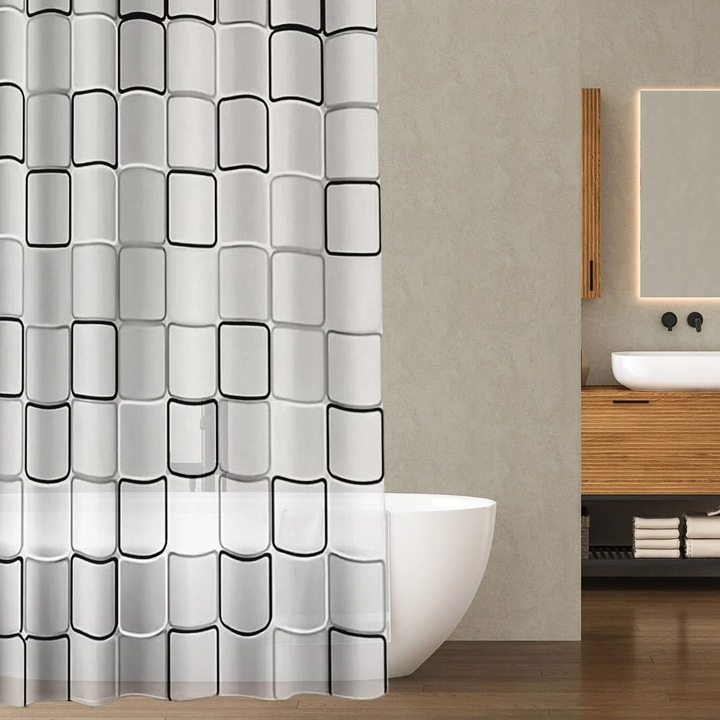 Perdea dus din PEVA ecologic, Alb cu model Clearprint, 180x200 cm, material reciclabil, 12 inele incluse