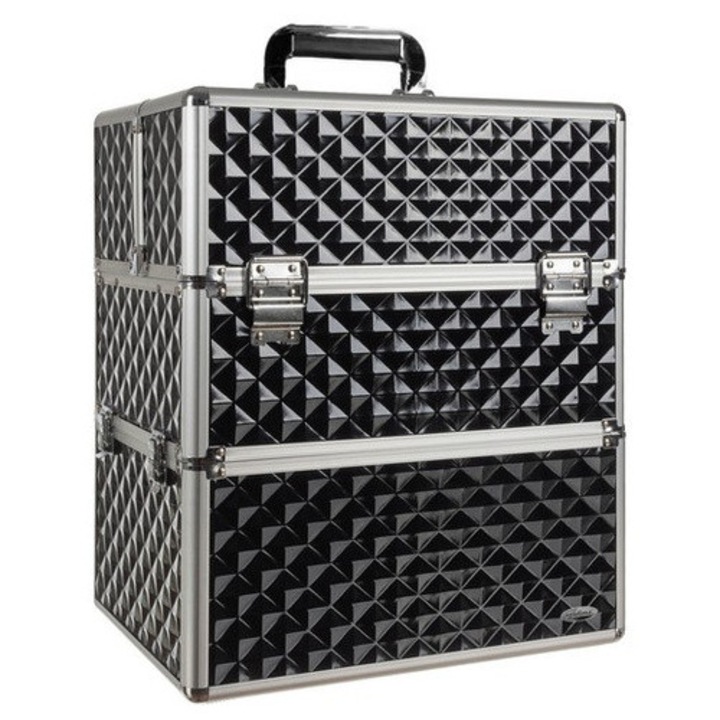 Geantă cosmetică Zola XXL, 2 niveluri, fund detașabil, negru și argintiu, 42.5x35x24.5cm