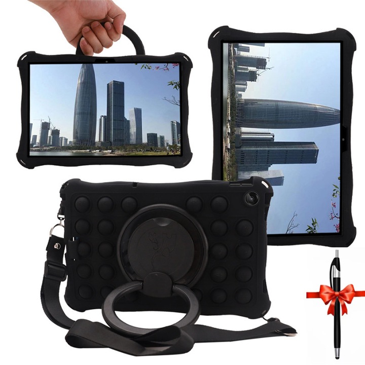 Husa de protectie pentru tableta, ZYNORO®, Compatibil cu Lenovo Tab M10, Protectie anti-soc, Dispozitiv de reducere a presiunii, Suport rotativ 360°, cu curea de agatat, Silicon, Negru