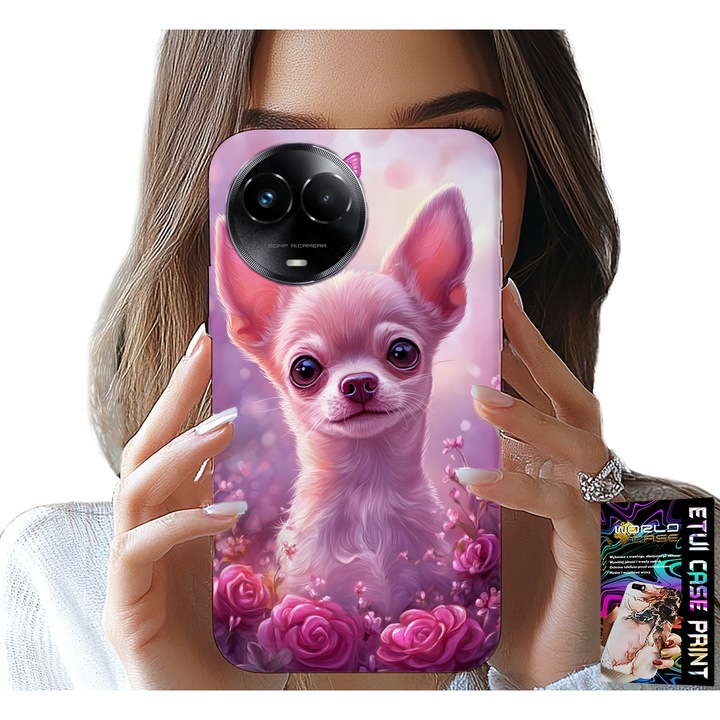 Realme telefontok, World Case, Édes Csivava rózsaszín alapon virágokkal, szilikon