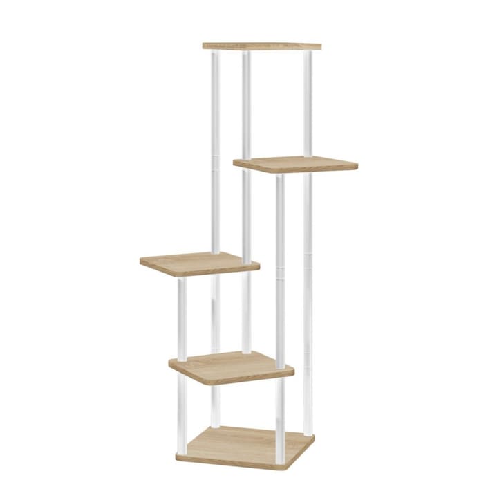 Suport de flori DacEnergy©, din metal, 5 rafturi etajate, 30 x 30 x 106,5 cm, alb si stejar sonoma