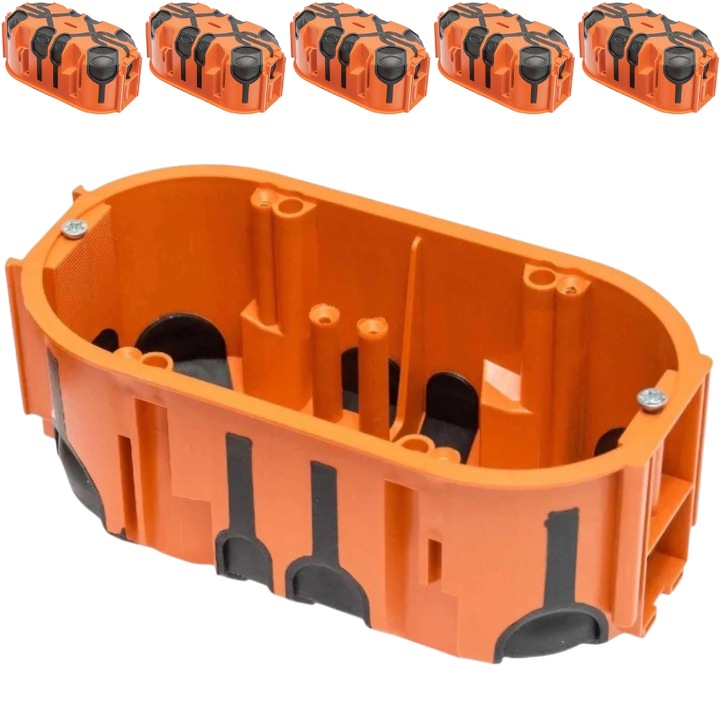 Doza de Derivatie Standart schuko 2 posturi, Set ( 5 Bucati) cu Presetupe De Cauciuc 60x143mm ProDuo Portocalie