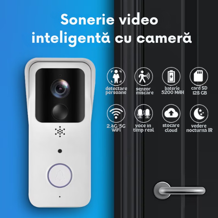 Sonerie inteligentă cu camera HD, vedere nocturnă, control aplicație mobilă, 5200 mAh, alb