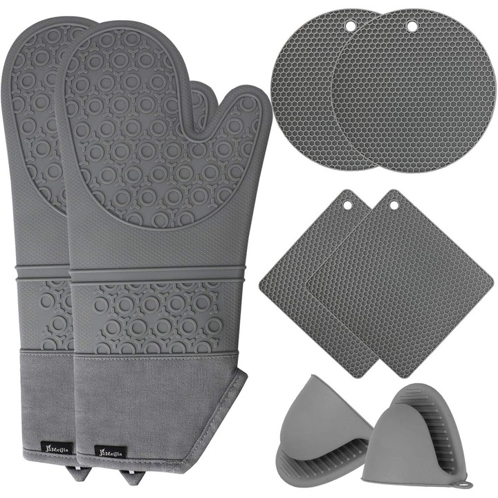 8 db sütőkesztyű és hőálló alátét, extra hosszú szilikon kesztyű, szürke