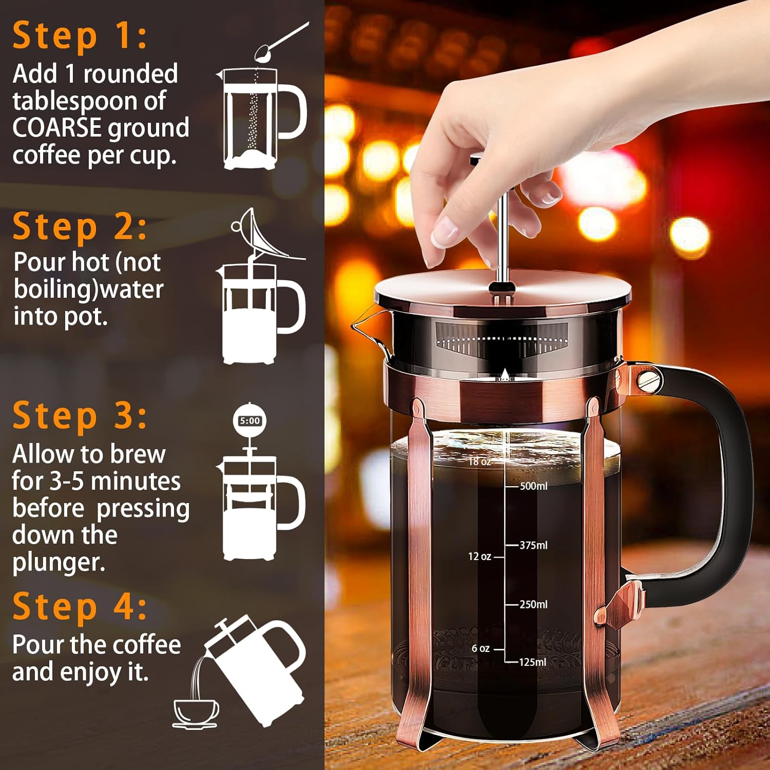 Cafetiera, 21oz, sticla borosilicata/inoz, sistem de filtrare cu 4 ...