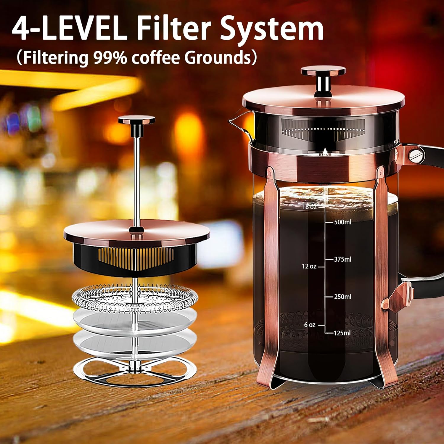 Cafetiera, 21oz, sticla borosilicata/inoz, sistem de filtrare cu 4 ...