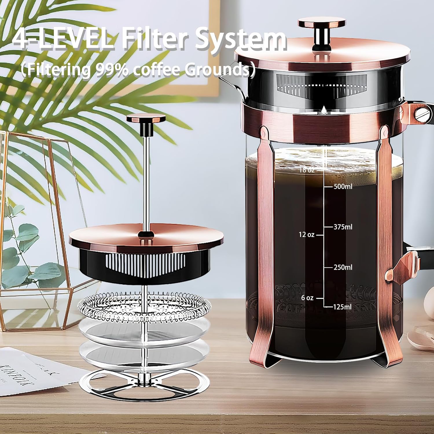Cafetiera, 21oz, sticla borosilicata/inoz, sistem de filtrare cu 4 ...