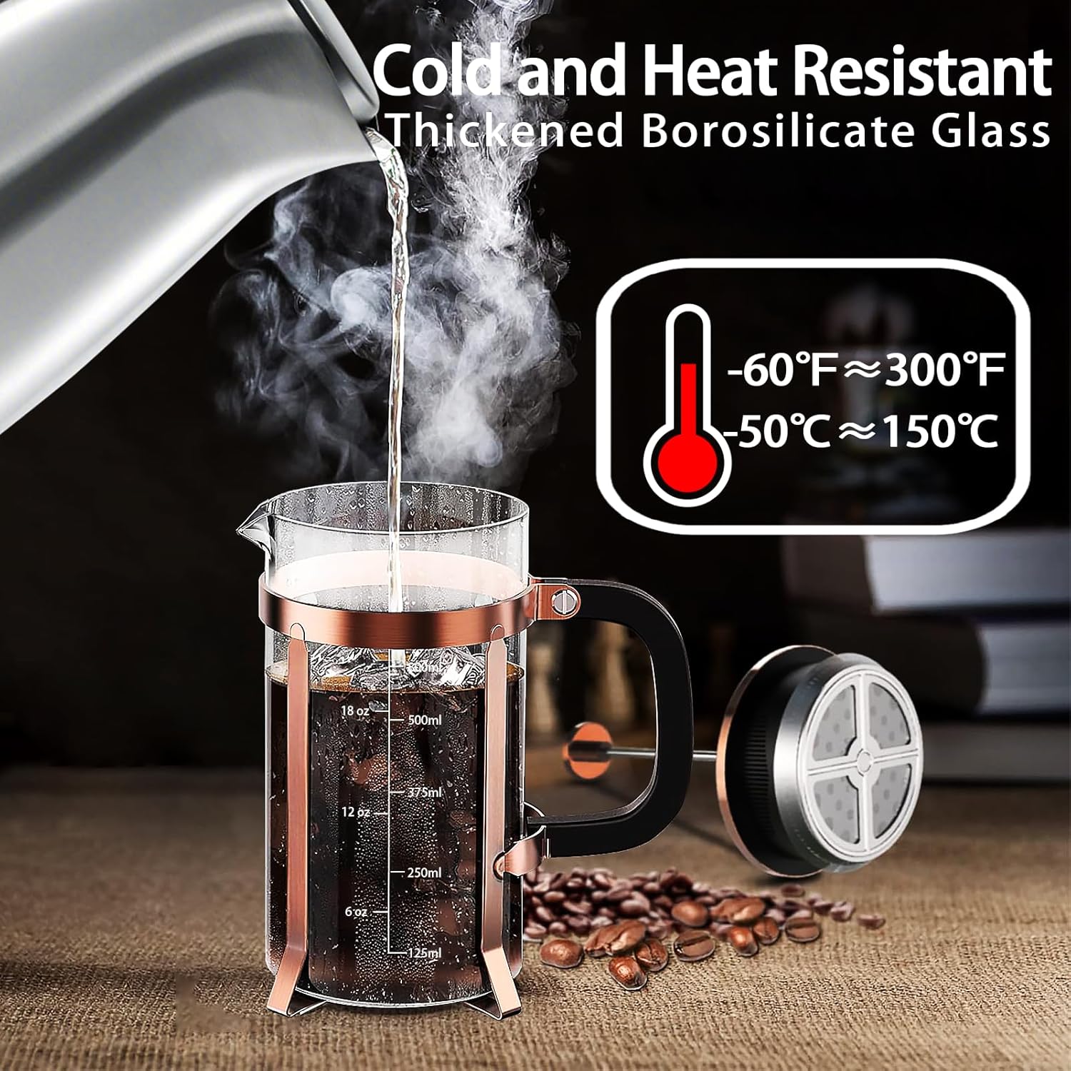 Cafetiera, 21oz, sticla borosilicata/inoz, sistem de filtrare cu 4 ...