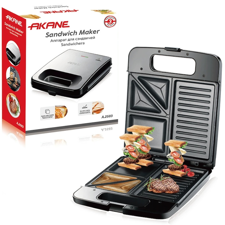 Sandwich-maker, Bedee, XL, Negru, strat antiaderent, portabil