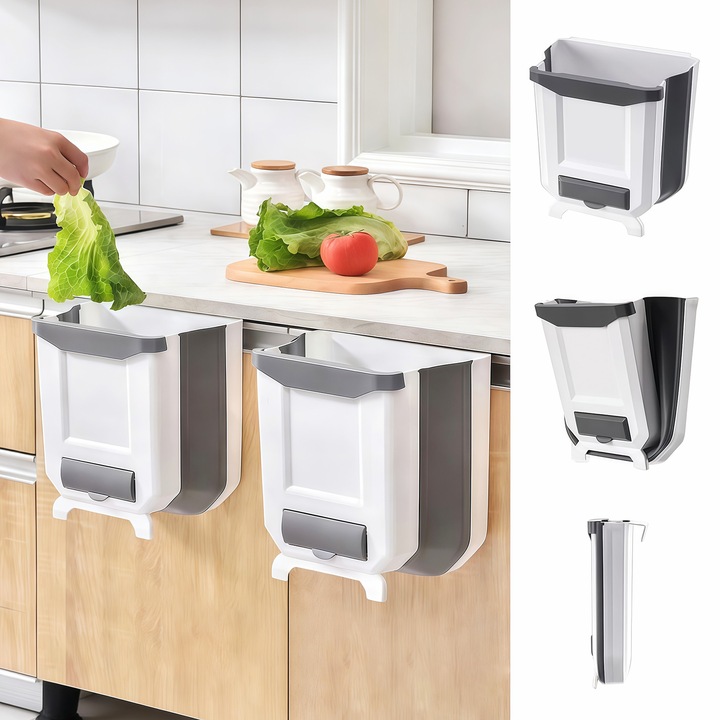 Set 2 Cos de gunoi suspendat, Cos gunoi Pliabil, agatare pe dulap, Pliabil, 8L, Pentru Bucatarie/Camping/Masina/Baie/Birou/Dormitor, 22x21x12.5 cm, Alb