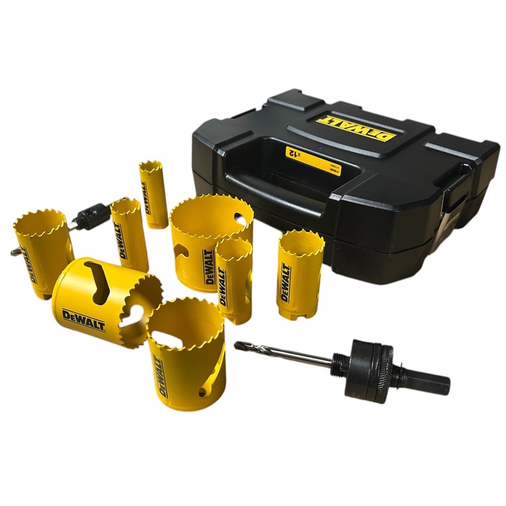Set 12 piese bimetalice pentru gaurit DeWalt, 20-64mm, cu 2 suporturi si 2 burghie, valiza inclusa