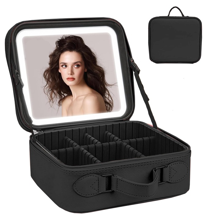 Geanta Textila de Voiaj pentru Cosmetice Teno®, oglinda cu iluminare LED, fermoar dublu, compartimente detasabile, maner incorporat, negru