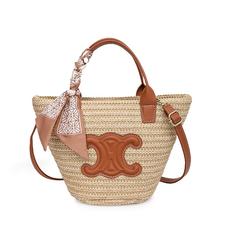 Винтидж сламена чанта, Триумфална арка, голям капацитет, светлокафяв