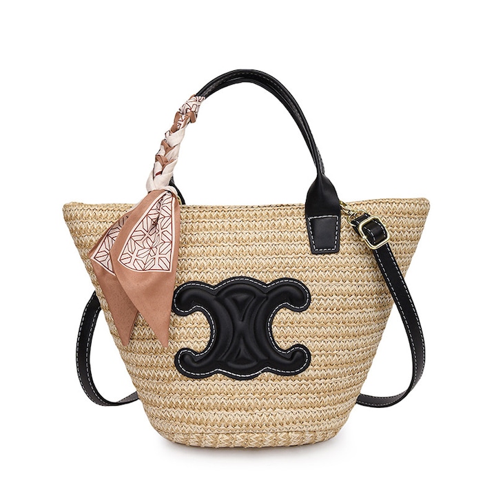 Geanta de paie vintage, Arc de Triomphe, capacitate mare, neagra/bej