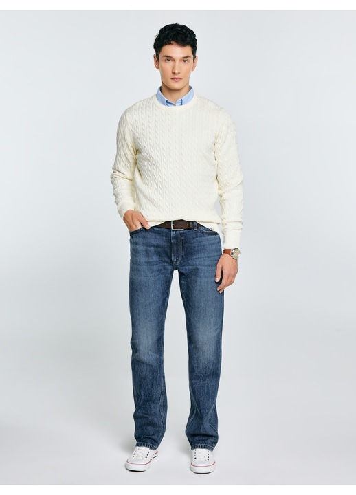 Pulover barbati, Big Star, cu impletitura si broderie, crem, material tricotat