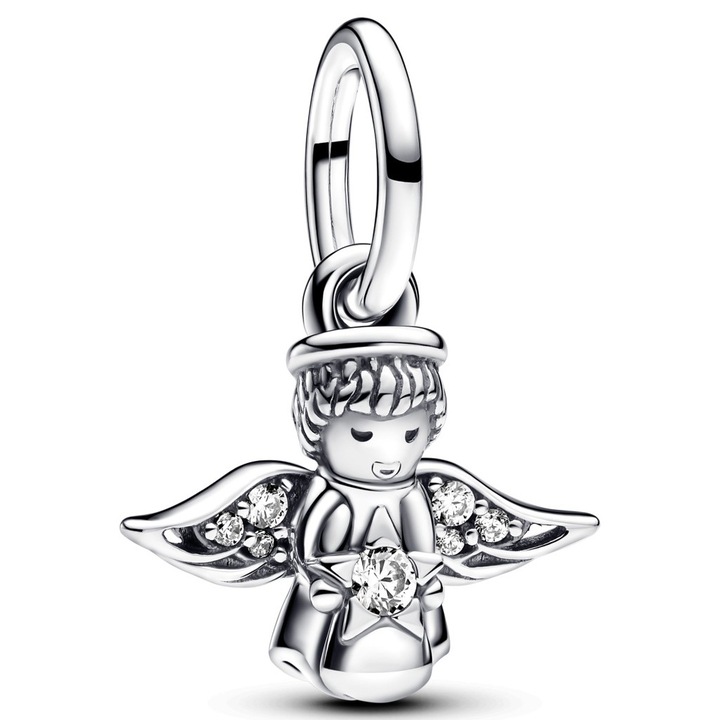 Pandantiv din alama alba Stranger Things, reprezentand un inger tinand o stea, placat cu argint S925, pandantiv detasabil