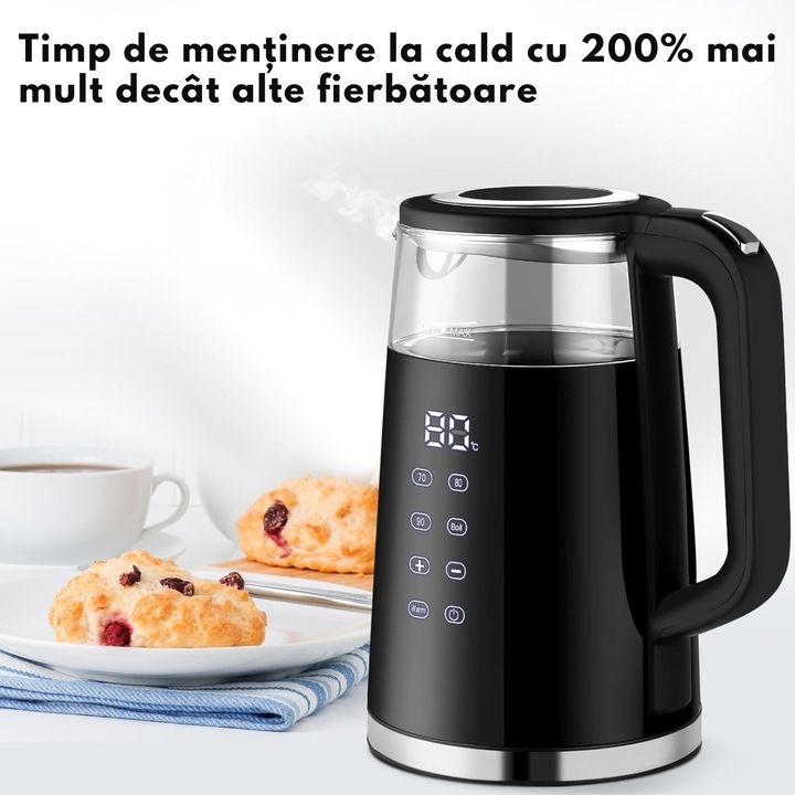 Fierbator electric cu control tactil VarioShop®, din sticla 1.7L, 1850–2200W, temperaturi reglabile 70/80/90/100°C, functie Warm, baza rotativa [5]