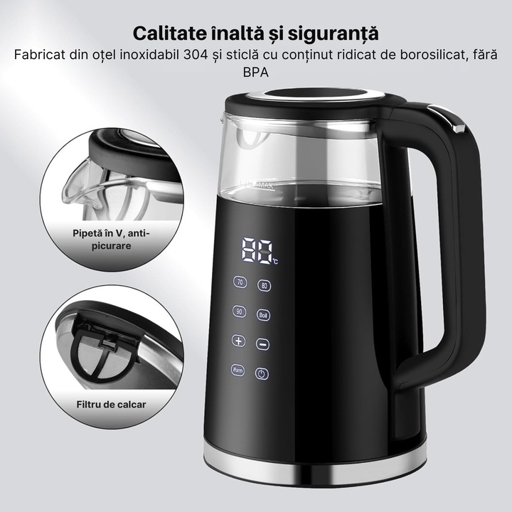Fierbator electric cu control tactil VarioShop®, din sticla 1.7L, 1850–2200W, temperaturi reglabile 70/80/90/100°C, functie Warm, baza rotativa [2]