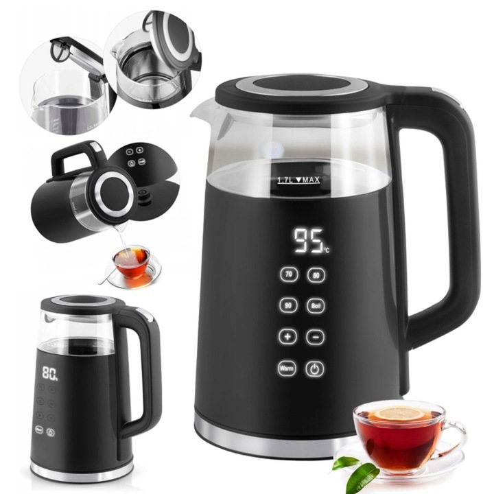 Termosuri, cani si sticle - Fierbator electric cu control tactil VarioShop®, din sticla 1.7L, 1850–2200W, temperaturi reglabile 70/80/90/100°C, functie Warm, baza rotativa