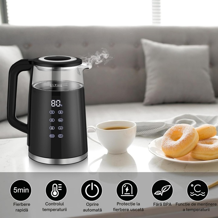 Fierbator electric cu control tactil VarioShop®, din sticla 1.7L, 1850–2200W, temperaturi reglabile 70/80/90/100°C, functie Warm, baza rotativa [4]