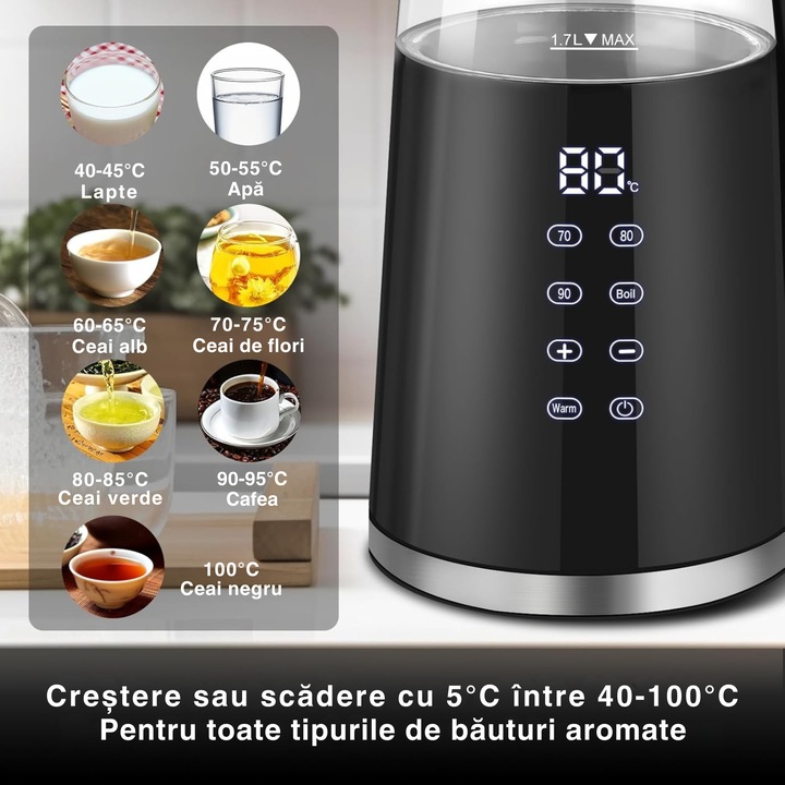 Fierbator electric cu control tactil VarioShop®, din sticla 1.7L, 1850–2200W, temperaturi reglabile 70/80/90/100°C, functie Warm, baza rotativa [3]