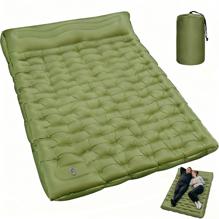 Saltea Gonflabila Dubla Pentru Camping Sau Plaja, Bedee, 200x140cm, Extra gros 15cm, Saltea de camping cu perna, Pompa de picior incorporata, Cu sac pentru transport, Impermeabila, TPU, Verde masliniu
