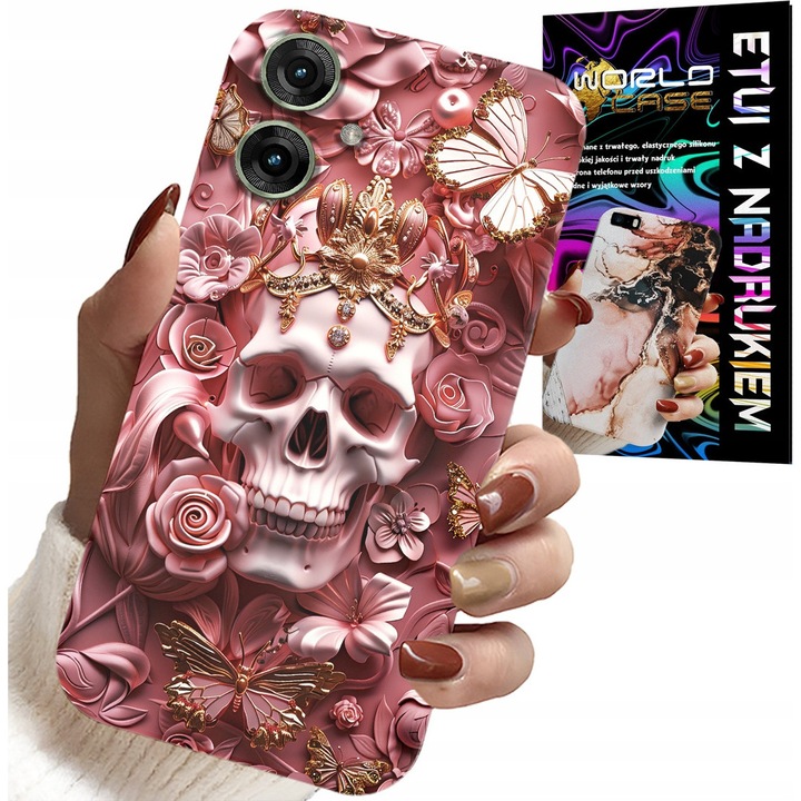 Tok Realme Note 60, World Case, modern minták, koponya rózsákkal, szilikon