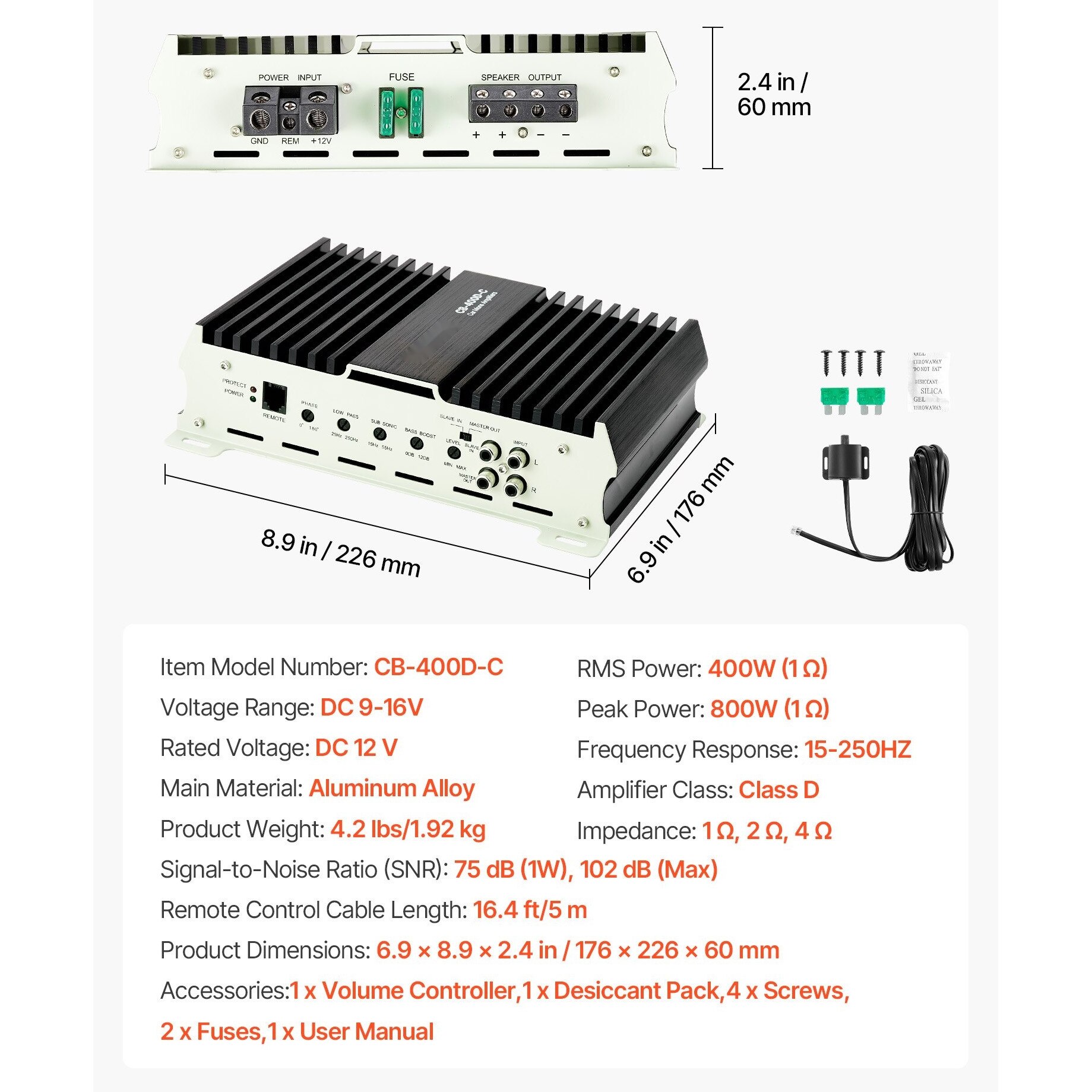 Amplificator auto monobloc, Clasa D 1 canal, 400 W RMS, Stabil la