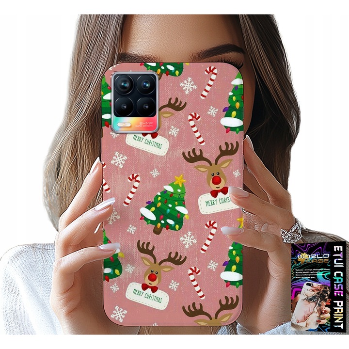 Telefontok Realme 8/8 Pro-hoz, World Case, ünnepi rénszarvas design, szilikon, többszínű