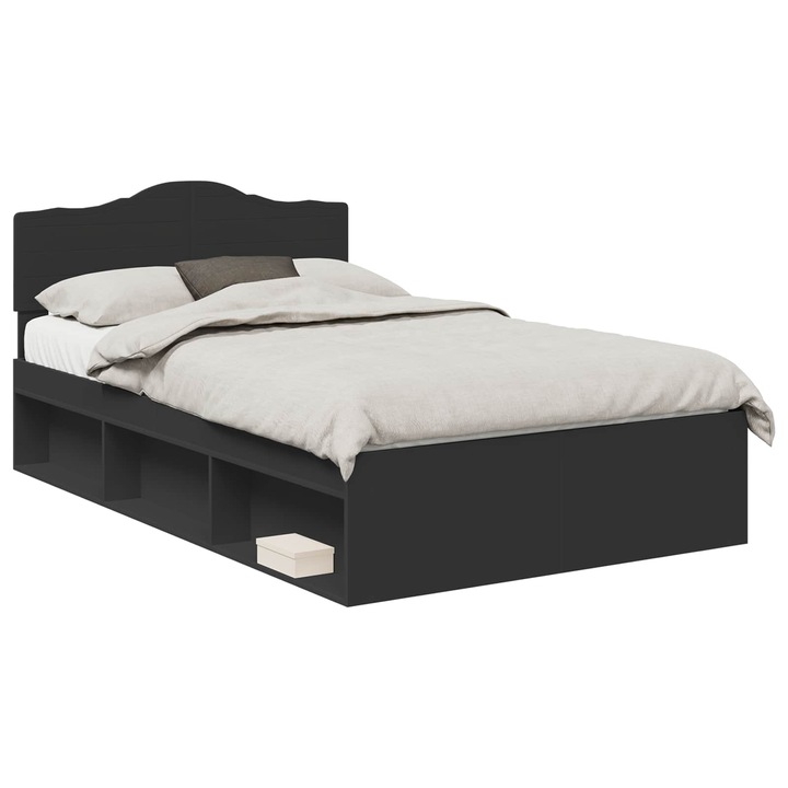 Cadru de pat vidaXL, cu headboard Negru 135 x 190 cm Lemn de pin masiv