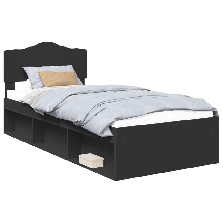 Cadru de pat vidaXL, cu headboard Negru 90 x 200 cm Lemn de pin masiv