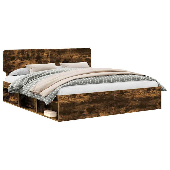 Cadru de pat vidaXL, Stejar fumuriu 180 x 200 cm Lemn de pin masiv