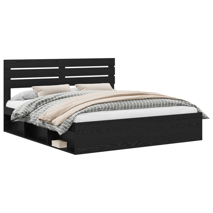 Cadru de pat vidaXL, cu headboard Negru 200 x 200 cm Lemn de pin masiv