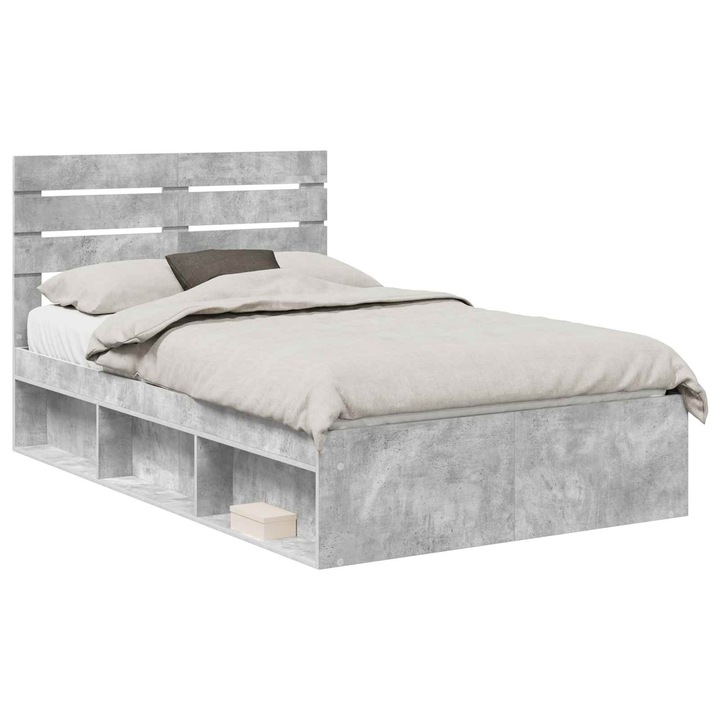 Cadru de pat vidaXL, cu headboard Beton 120 x 190 cm Lemn de pin masiv