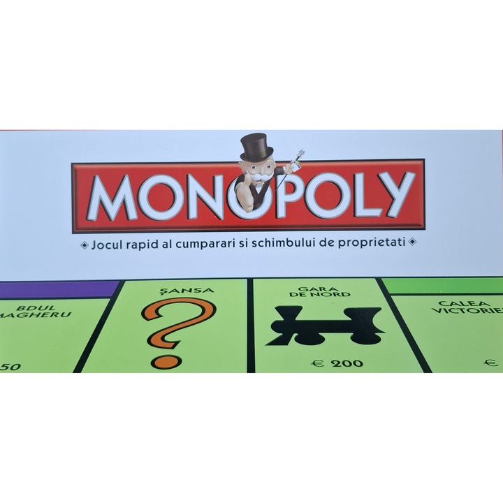 Joc de societate Monopoly, set pentru 2-8 jucători, 8 carduri, 28 titluri de proprietate, pentru familie