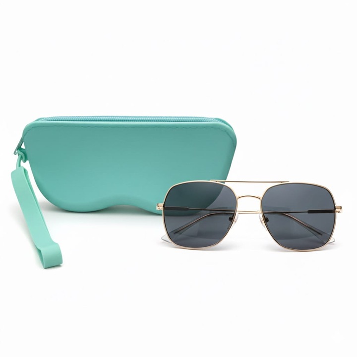 Husa de protectie Stylion ET-139A din silicon moale "soft-touch" pentru ochelari de vedere si de soare, culoare verde menta eleganta, cu maner practic pentru transport facil, rezistenta la zgarieturi si apa, inchidere sigura cu fermoar, dim