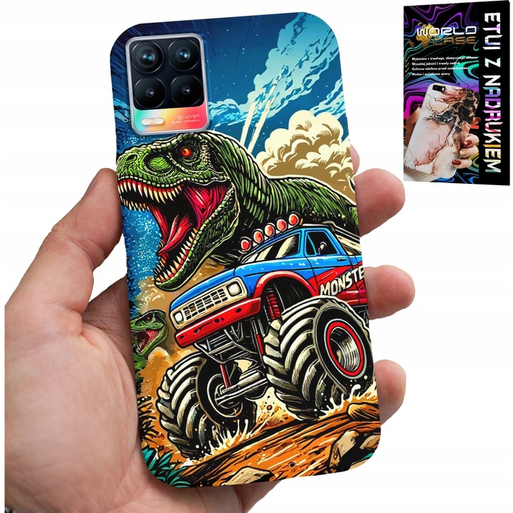Tok Realme 8/8 Pro telefonhoz, World Case, dinoszaurusz és monster truck mintával, szilikon, többszínű
