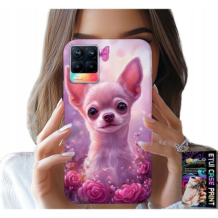 Telefontok, World Case, Realme 8 / 8 Pro, szilikon, Chihuahua kutya mintás rózsaszín alapon, specifikus méretek