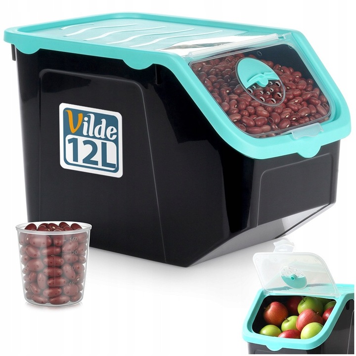 Set Recipient Pentru Legume Si Fructe Cu Masura, Vilde, 12 L, 34x23x23 cm, Fabricat Din Material De Inalta Calitate, Rezistent La Temperaturi De La -20°C La 100°C, Ventilatie Reglabila, Fara Bpa, Negru/Turcoaz