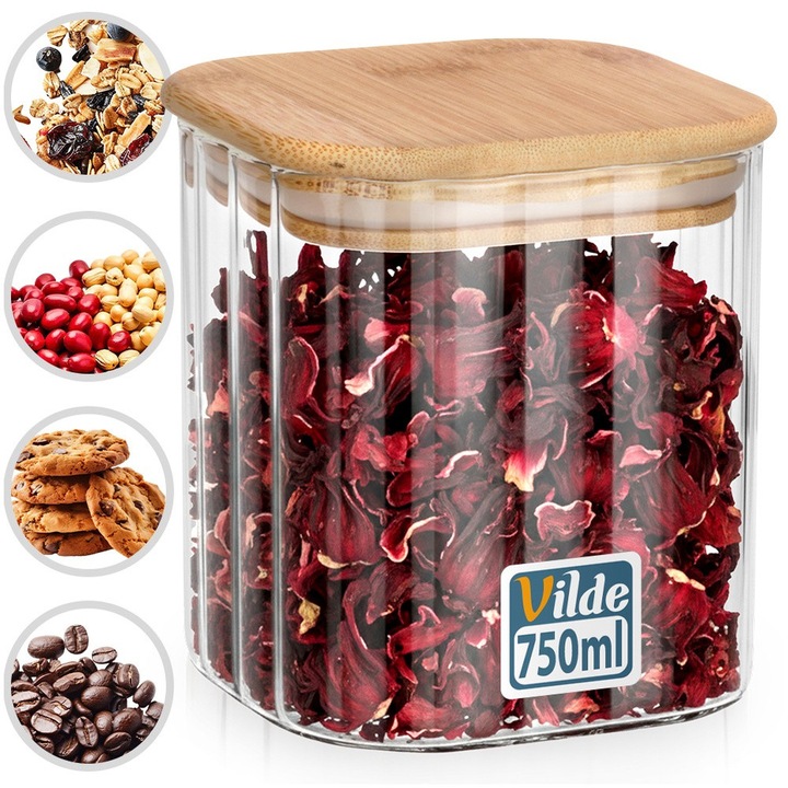 Recipient Sticla, Vilde, 750 Ml, 10x10x11 cm, Sticla, Capac Din Lemn Cu Garnitura, Rezistent La Schimbari De Temperatura, Potrivit Pentru Masina De Spalat Vase, Transparent