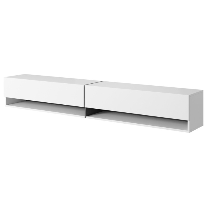 Comoda TV Selsey Mirrgo, alb-gri grafit, 200x40cm, design minimalist, 2 compartimente inchise, 2 compartimente deschise