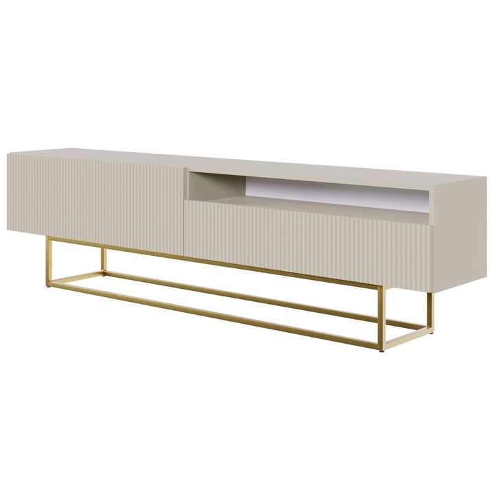 Comoda TV Selsey Veldio, 175x31.6x46.5cm, gri-bej, cu fronturi texturate si picioare aurii