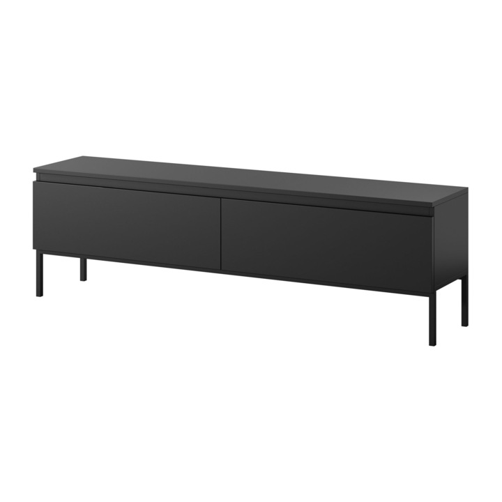 Comoda TV Selsey Bemmi 150 cm, neagra, cu picioare negre, 2 compartimente, 46x150x32cm