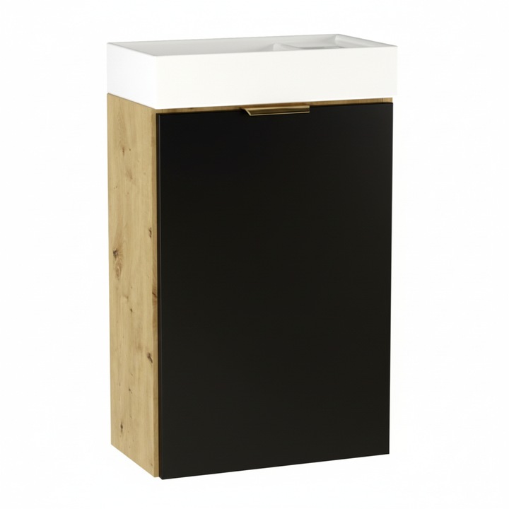 Dulap de baie Wena Meble, cu chiuveta, fronturi netede Orio, 40x57x22 cm, Negru/Stejar artizanal