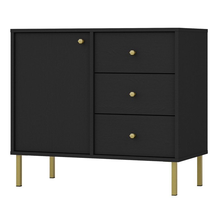 Comoda Selsey Oktio, 1 usa, 3 sertare, negru grafit, 84x40.8x73.9cm